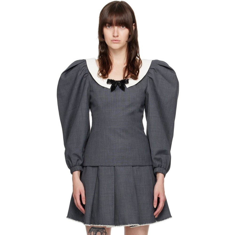 $680 NWT SHUSHU/TONG Gray Beaded Bow Blouse Dover Street Market Size UK 8 Small
